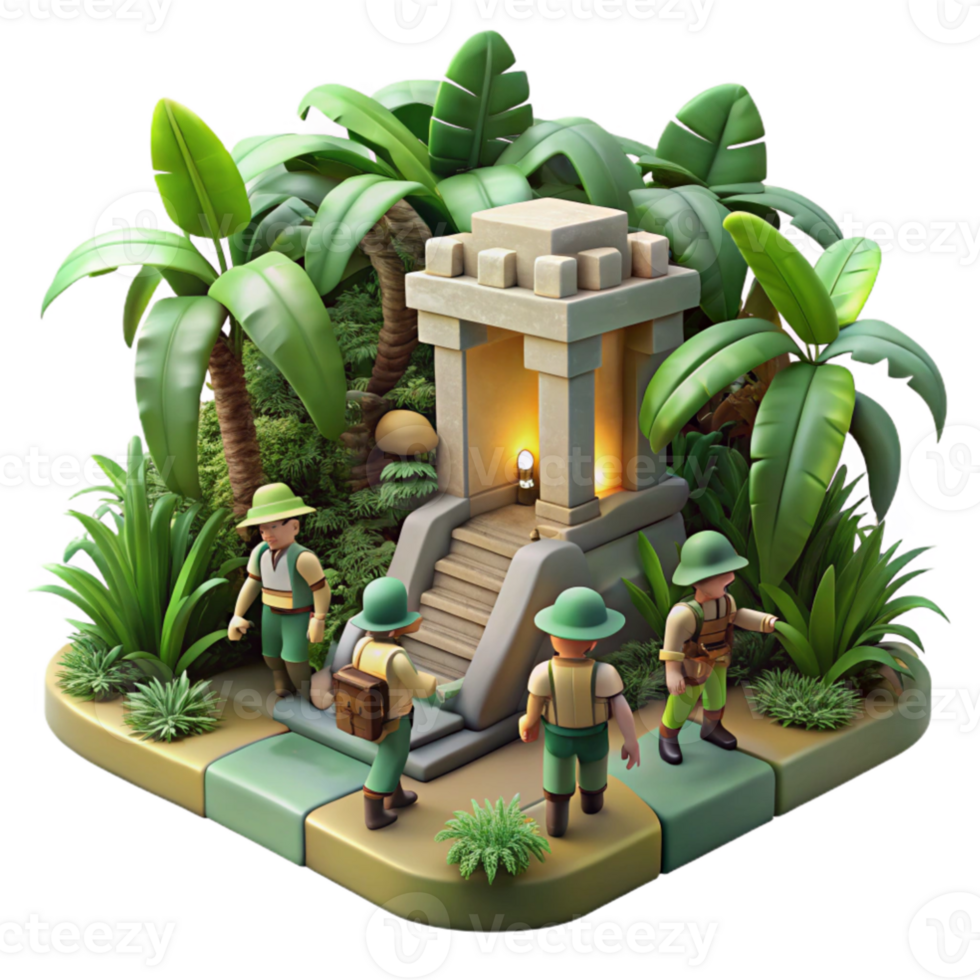 serene artistic beautiful rustic A group of adventurers exploring a hidden temple overgrown with lush vegetation, soft natural lighting, Indiana Jones style premium exclusive png