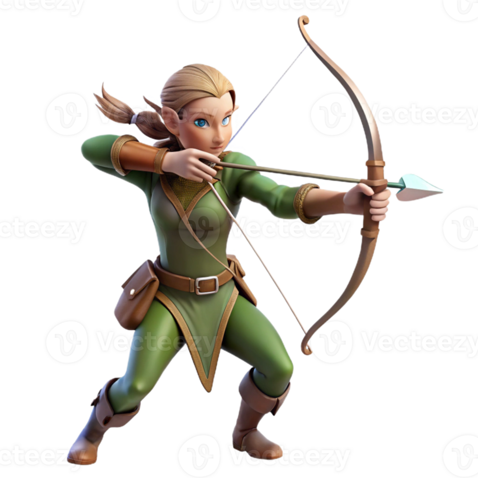 beautiful classic serene modern A graceful elf archer aiming her bow at a distant target in a mystical forest, dappled sunlight, Lord of the Rings style detailed premium png