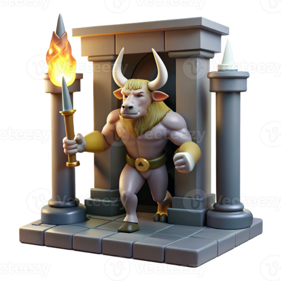 wonderful minimalist extraordinary modern A fearsome minotaur guarding the entrance to a labyrinth, dramatic torchlight, classical Roman style detailed 4K png
