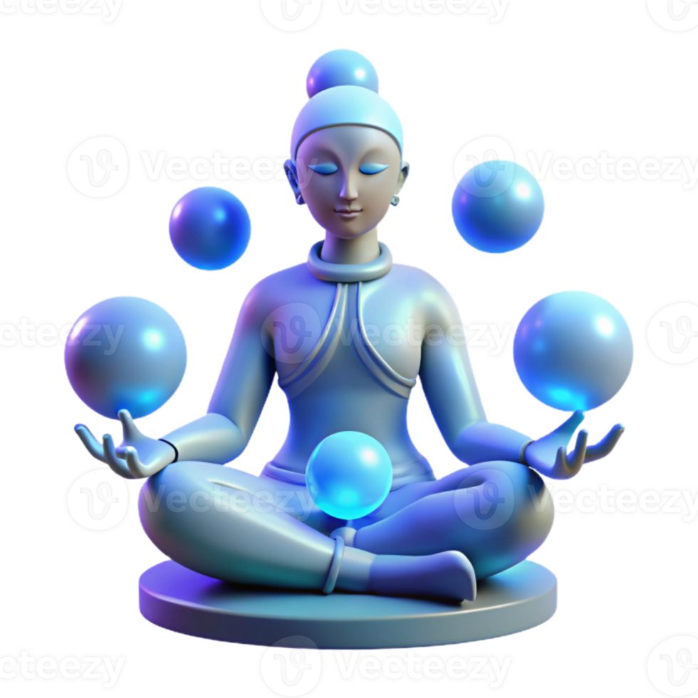 impressive rustic dramatic minimalist A serene oracle meditating in a hidden grotto surrounded by glowing orbs, soft blue light, Syd Mead style detailed premium png