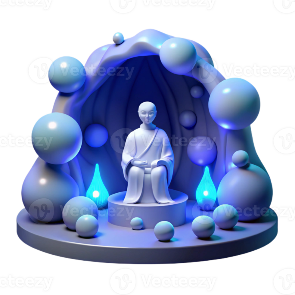 dramatic abstract magnificent minimalist A serene oracle meditating in a hidden grotto surrounded by glowing orbs, soft blue light, Syd Mead style original detailed png