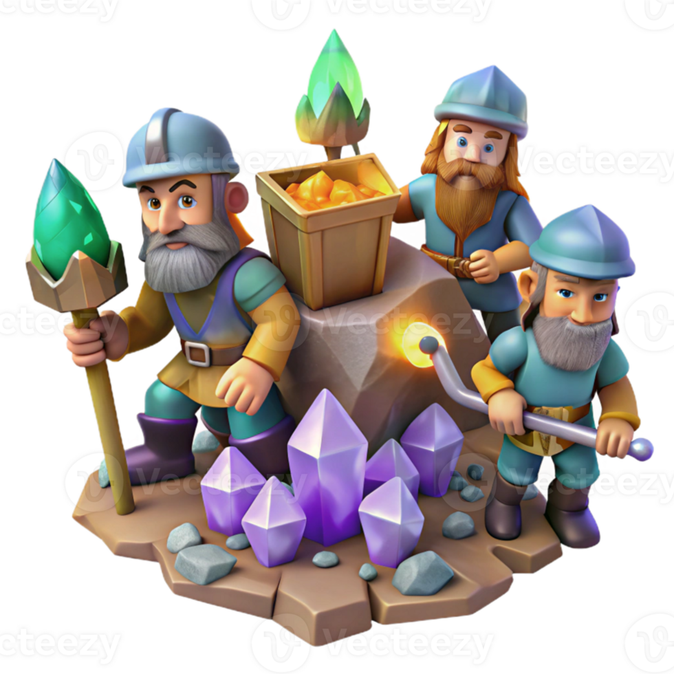 beautiful creative elegant contemporary A group of dwarves mining for gems in a cavern filled with glittering crystals, dynamic lighting, Dungeons and Dragons style authentic original png