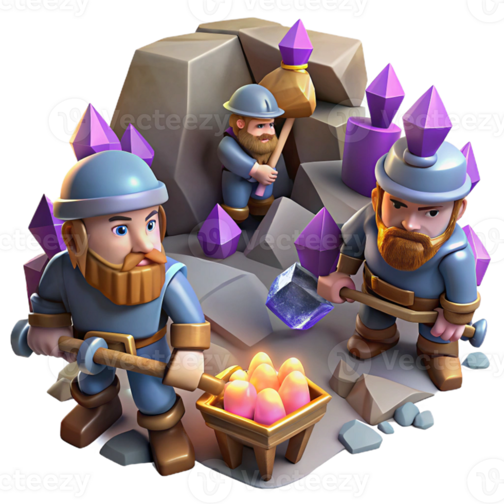 wonderful contemporary dramatic creative A group of dwarves mining for gems in a cavern filled with glittering crystals, dynamic lighting, Dungeons and Dragons style exclusive professional png