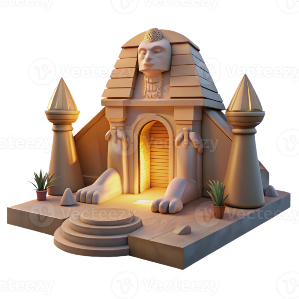 vibrant minimalist wonderful modern A majestic sphinx guarding the entrance to a hidden city, desert sunset lighting, ancient Egyptian style genuine authentic png