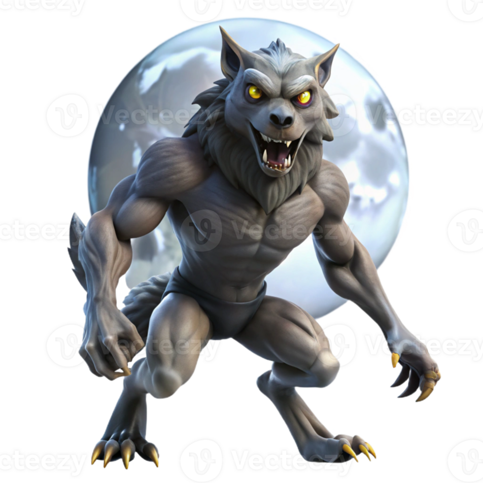 serene rustic stunning minimalist A fierce werewolf transforming under the light of a full moon, dramatic moonlight, classic horror style 4K detailed png