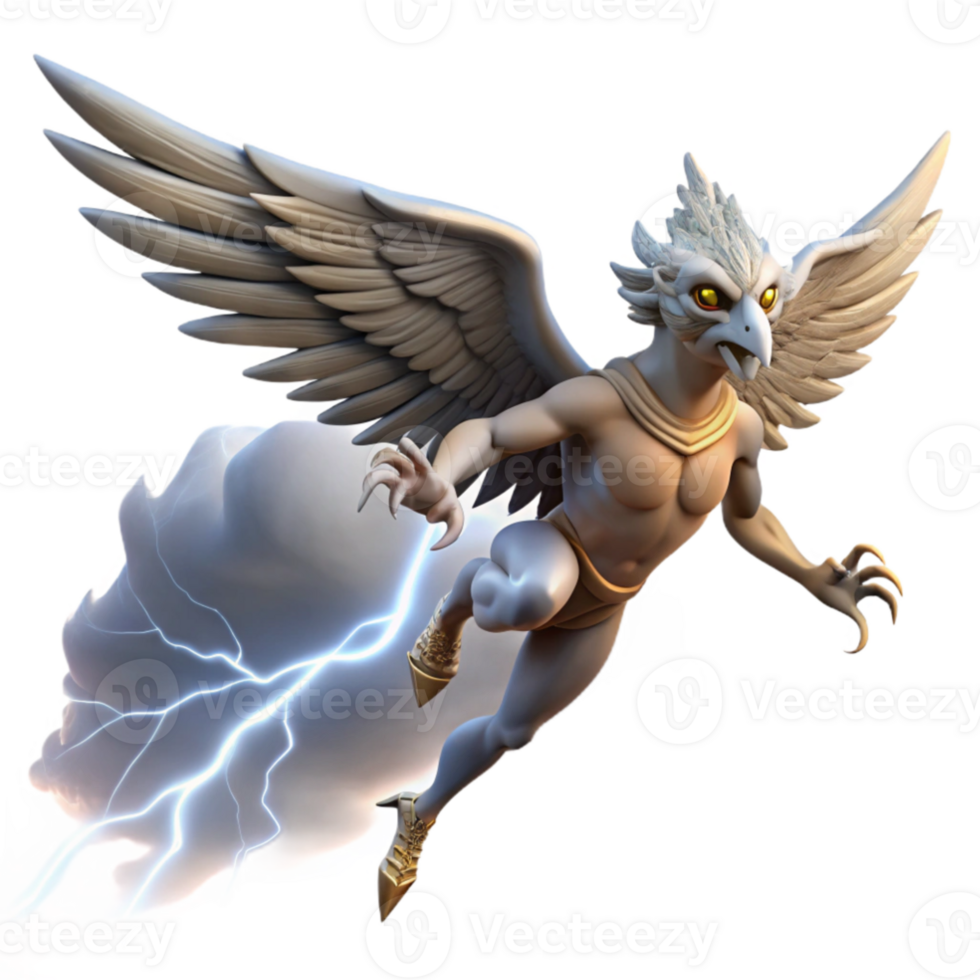 serene vintage dramatic abstract A graceful harpy soaring through the air above a stormy sea, dramatic lightning, Ray Harryhausen style high quality 4K png