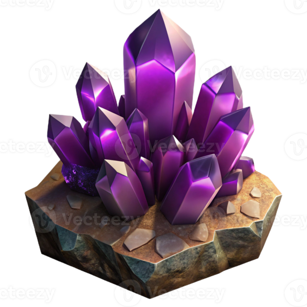 elegant traditional stunning minimalist A cluster of amethyst crystals growing on a rock face, deep purple hues, dramatic lighting high resolution premium png