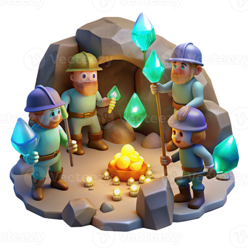 wonderful creative impressive creative A group of dwarves mining for glowing gems in a cavern lit by bioluminescent fungi, warm, flickering light, realistic style authentic exclusive png