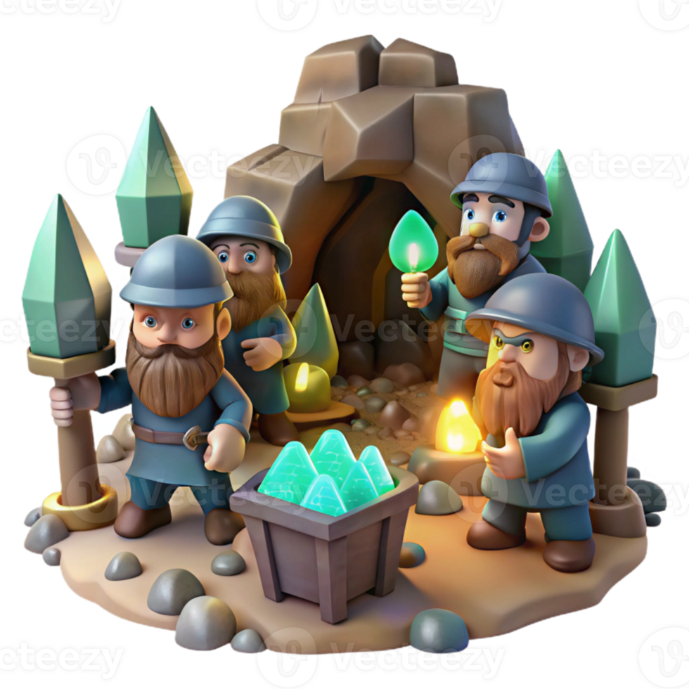 impressive creative serene classic A group of dwarves mining for glowing gems in a cavern lit by bioluminescent fungi, warm, flickering light, realistic style exclusive high resolution png