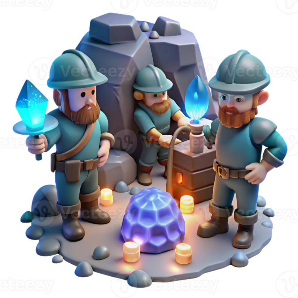 beautiful modern dramatic vintage A group of dwarves mining for glowing gems in a cavern lit by bioluminescent fungi, warm, flickering light, realistic style detailed premium png