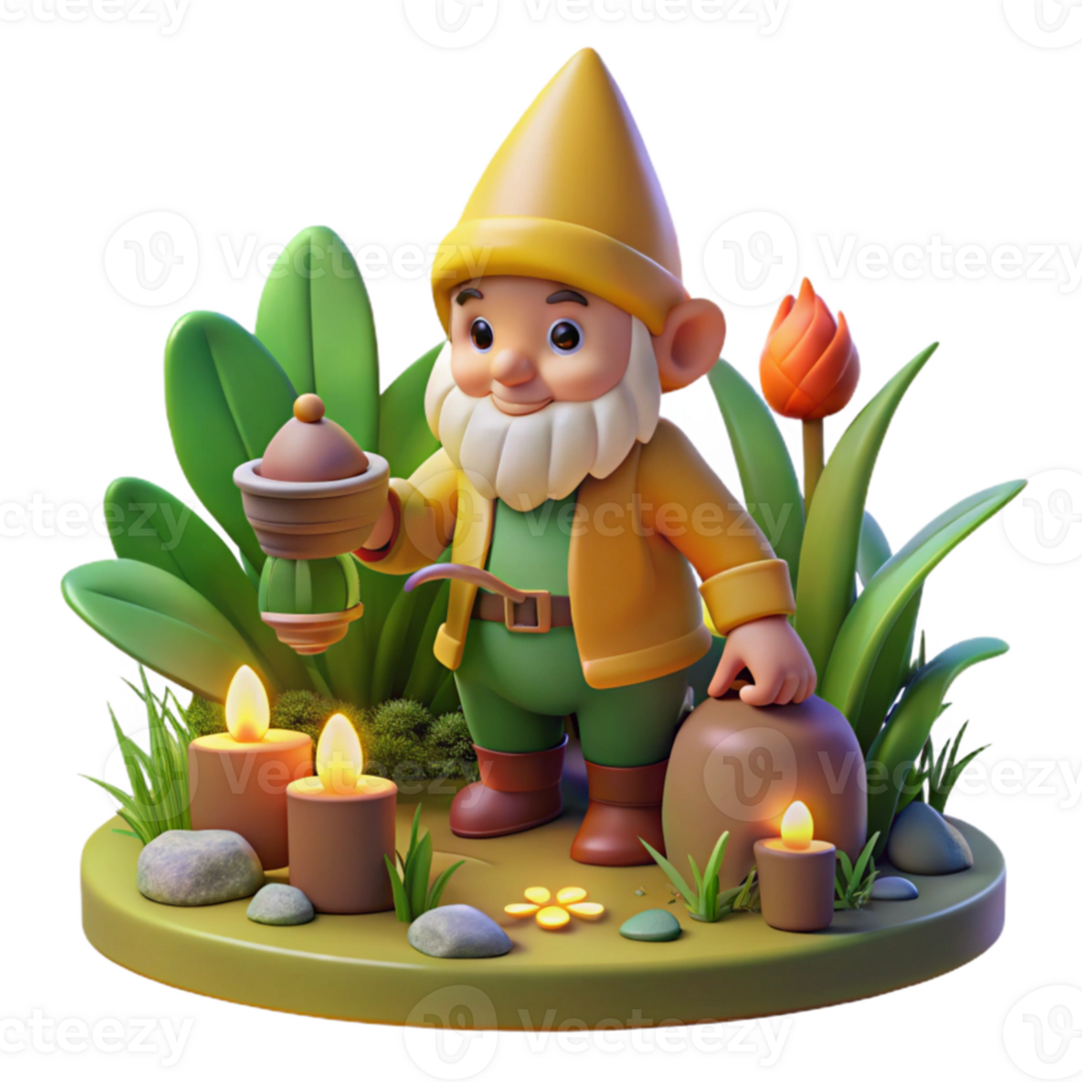 wonderful modern elegant creative A whimsical, gnome-like creature tending a garden of glowing plants, warm, inviting light, storybook illustration style high quality high resolution png