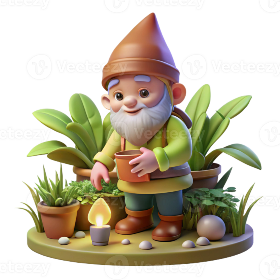 stunning classic elegant traditional A whimsical, gnome-like creature tending a garden of glowing plants, warm, inviting light, storybook illustration style genuine premium png