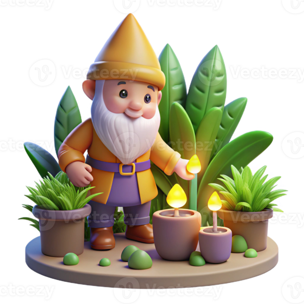serene artistic beautiful modern A whimsical, gnome-like creature tending a garden of glowing plants, warm, inviting light, storybook illustration style high resolution exclusive png