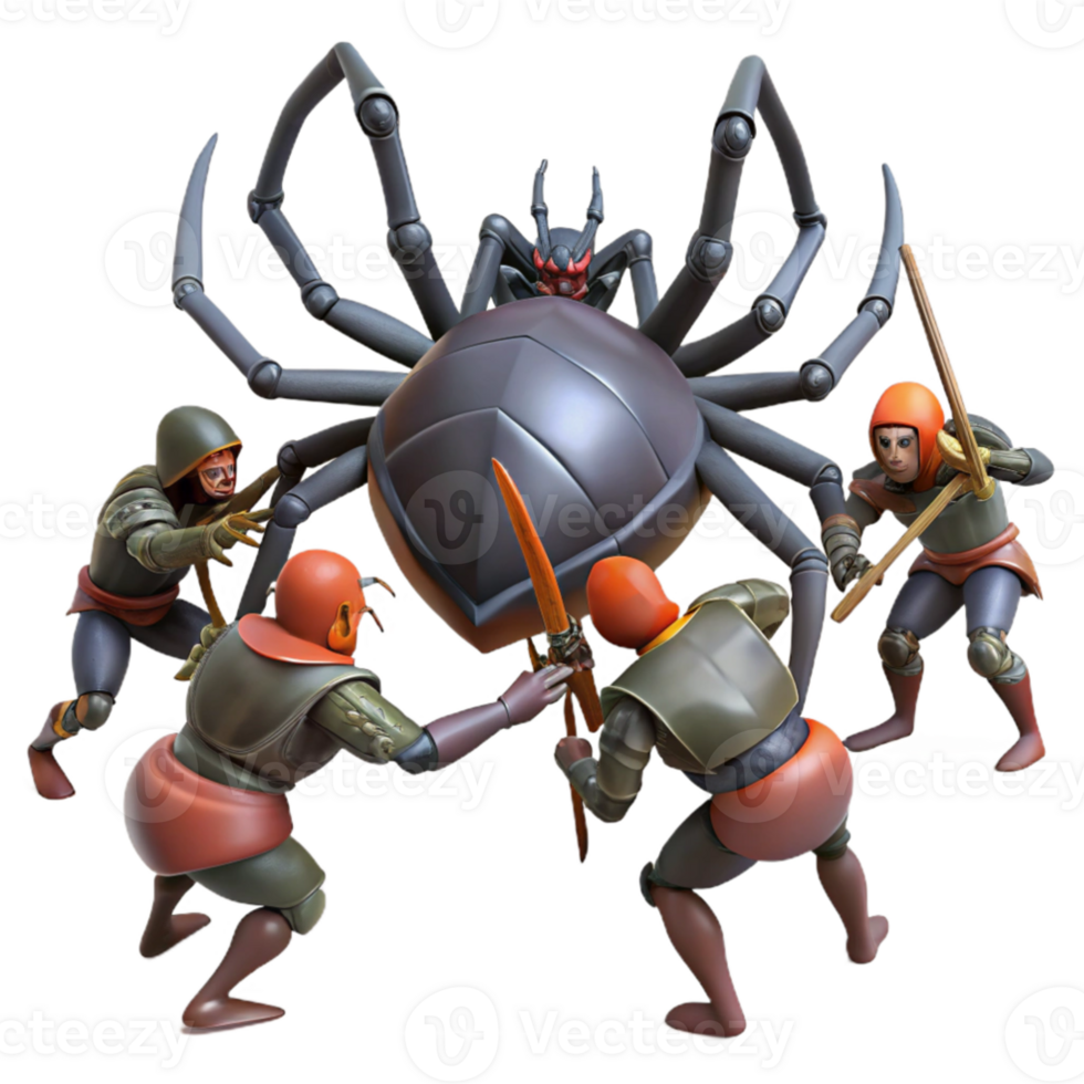 beautiful modern dramatic rustic A group of warriors battling a giant spider in a dark forest, dramatic lighting, realistic style 4K 4K png
