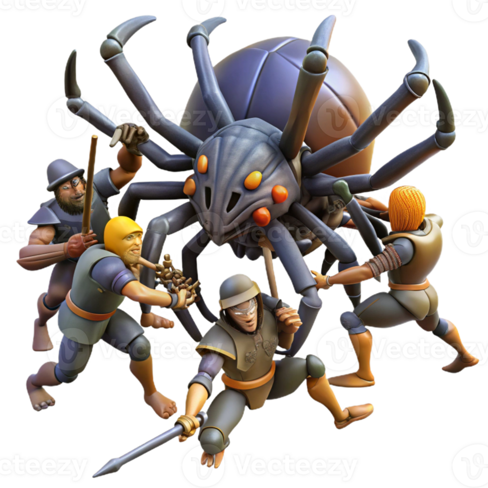 beautiful artistic serene abstract A group of warriors battling a giant spider in a dark forest, dramatic lighting, realistic style genuine genuine png