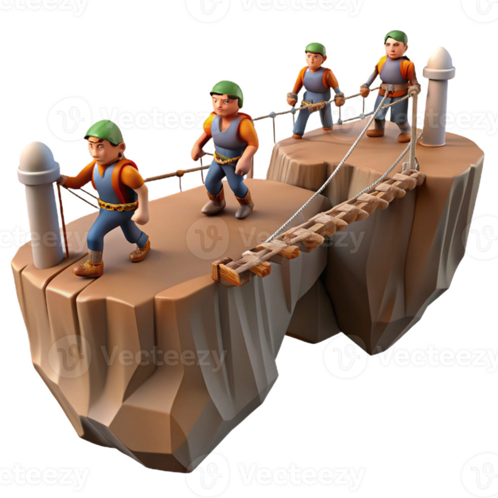 magnificent classic stunning artistic A band of adventurers crossing a treacherous rope bridge over a deep chasm, dramatic lighting, realistic style authentic high quality png