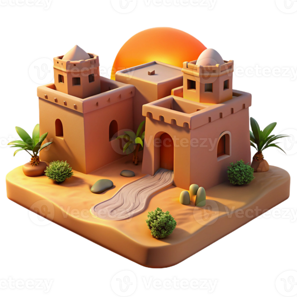serene classic impressive minimalist A desert oasis with traditional mud-brick buildings, warm sunset light, peaceful, painting, 4K professional png