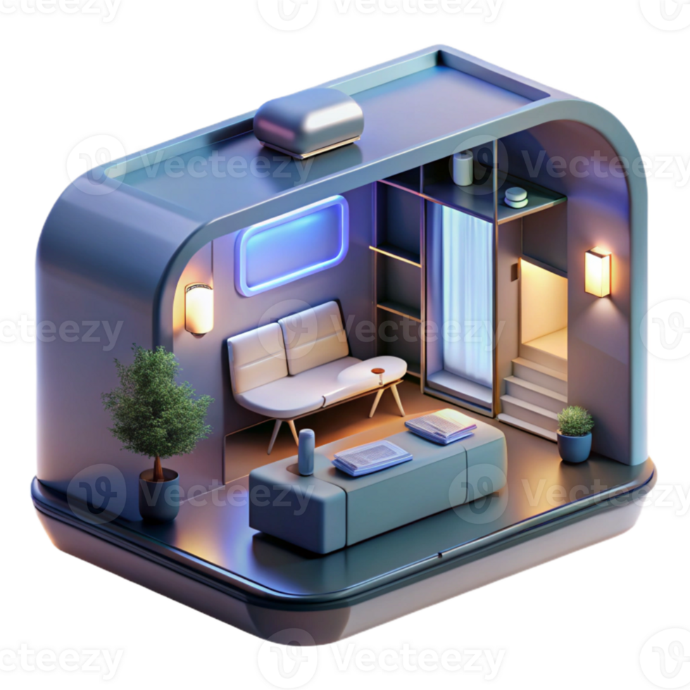 serene abstract elegant rustic A micro-apartment designed for efficient living, sleek and modern, cool lighting, futuristic, product design render, 4K professional png