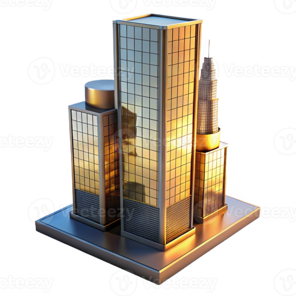 extraordinary creative impressive modern A glass skyscraper reflecting the surrounding city, golden hour lighting, modern, architectural visualization, original exclusive png
