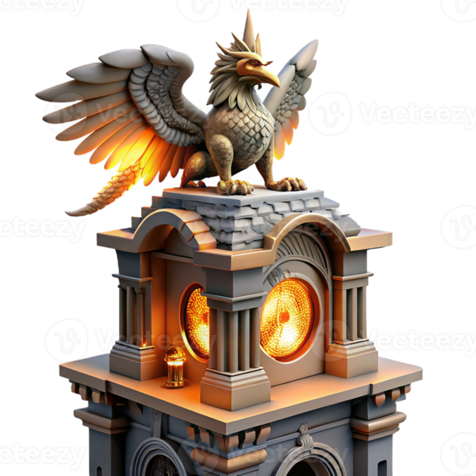 beautiful minimalist elegant minimalist A majestic griffin perched atop a crumbling clock tower, feathers shimmering iridescent in the orange glow of a double sunset, intricate steampunk gears... png