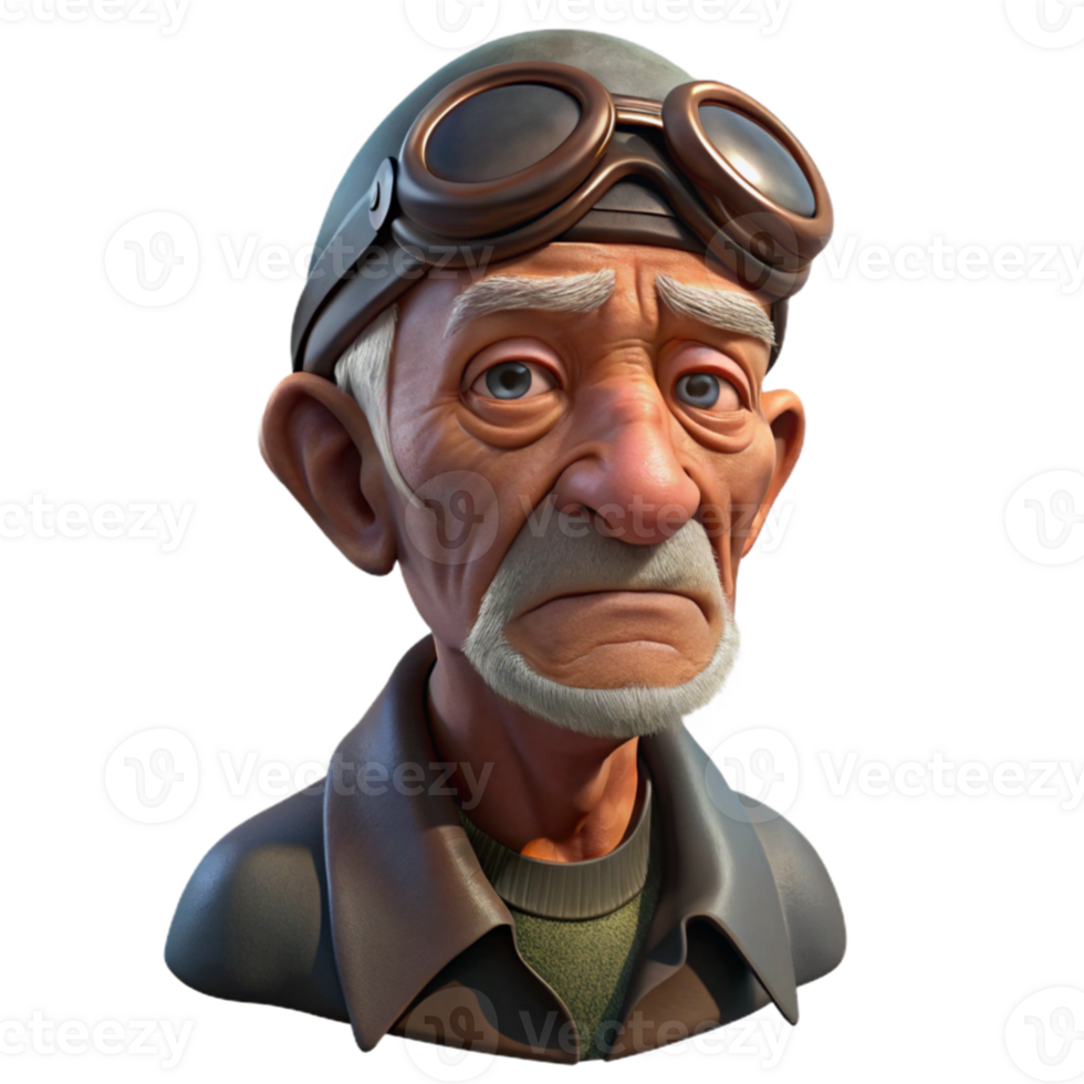 impressive vintage Portrait of an elderly man with deep wrinkles and a weathered face, wearing a worn leather aviator cap and goggles, lit by dramatic chiaroscuro lighting, sepia tone authentic png