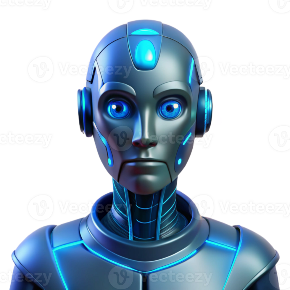 extraordinary rustic Portrait of a futuristic android with glowing blue circuitry lines visible beneath metallic skin, a neutral expression, and glowing blue eyes, lit by a cool, blue light genuine png