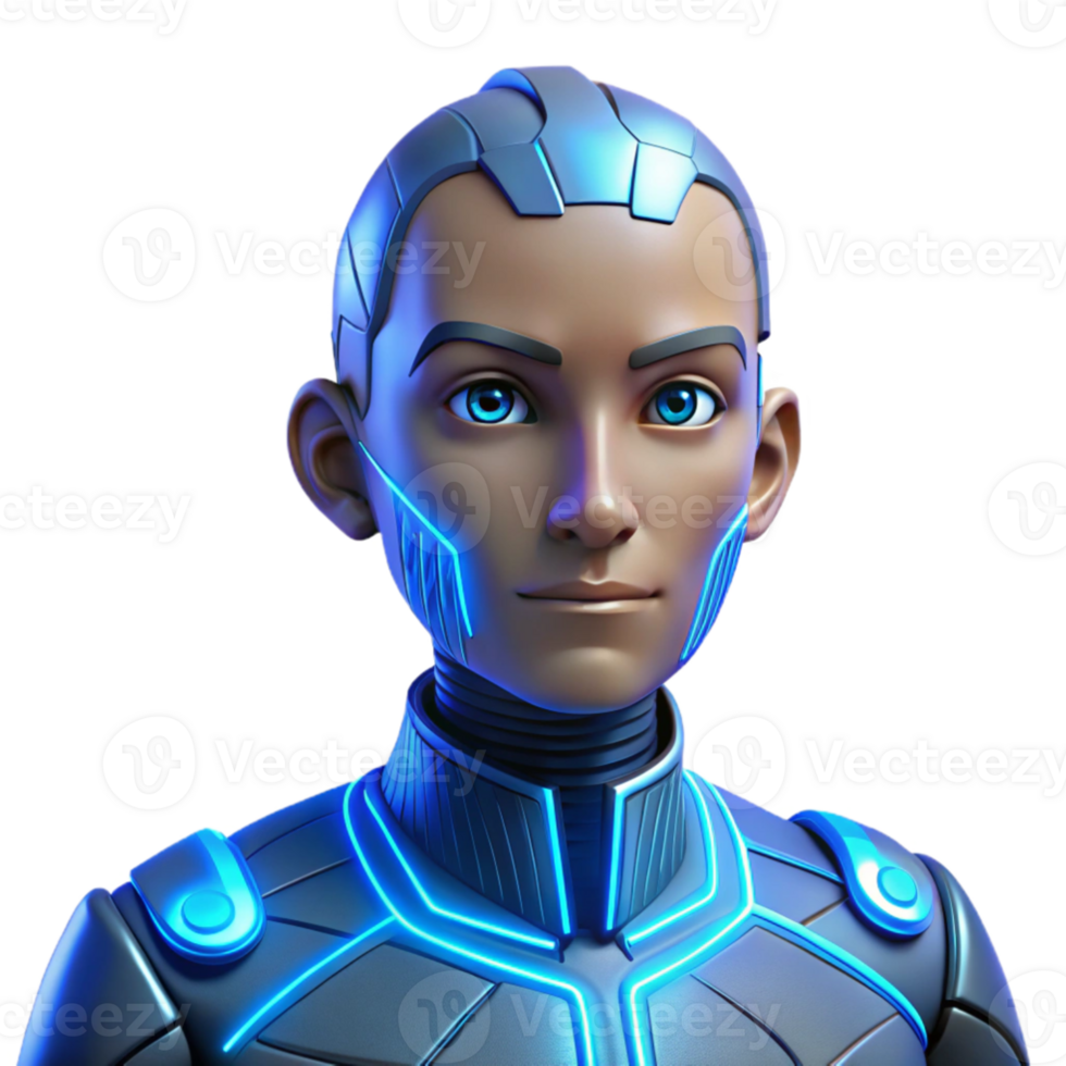 vibrant artistic Portrait of a futuristic android with glowing blue circuitry lines visible beneath metallic skin, a neutral expression, and glowing blue eyes, lit by a cool, blue light exclusive png