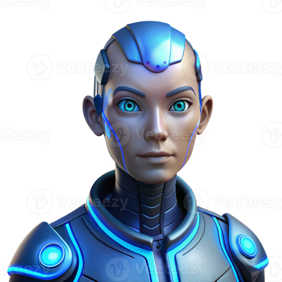 beautiful minimalist Portrait of a futuristic android with glowing blue circuitry lines visible beneath metallic skin, a neutral expression, and glowing blue eyes, lit by a cool, blue light 4K png