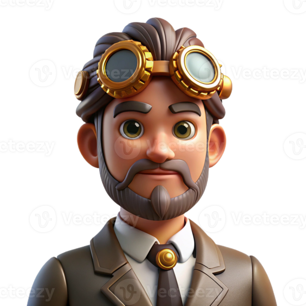 impressive artistic Portrait of a steampunk inventor with goggles perched on his forehead, intricate clockwork gears visible on his face, and a thoughtful expression, lit by warm, industrial... png