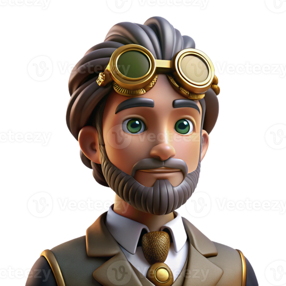 wonderful minimalist Portrait of a steampunk inventor with goggles perched on his forehead, intricate clockwork gears visible on his face, and a thoughtful expression, lit by warm, industrial... png