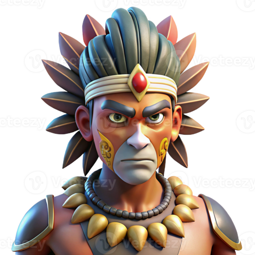 extraordinary modern Portrait of a tribal warrior with vibrant face paint, feathered headdress, and a determined expression, lit by a strong, directional light high resolution png