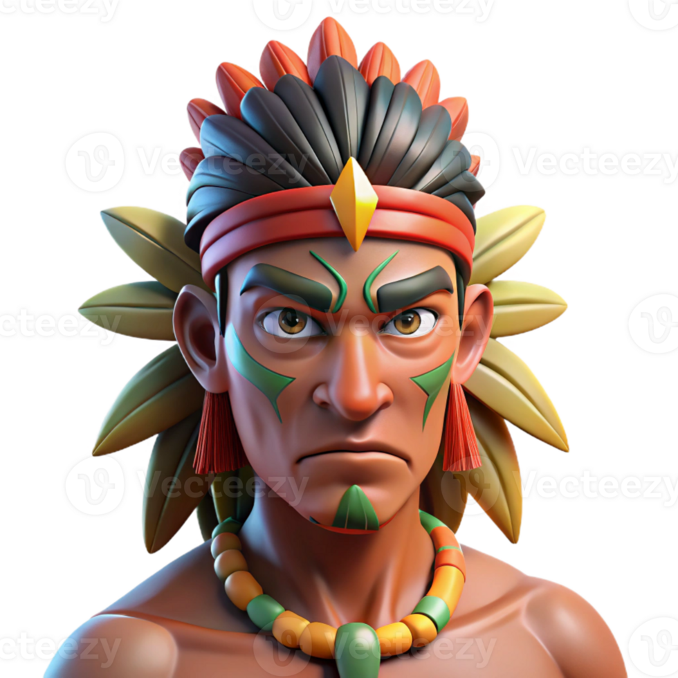 extraordinary rustic Portrait of a tribal warrior with vibrant face paint, feathered headdress, and a determined expression, lit by a strong, directional light authentic png
