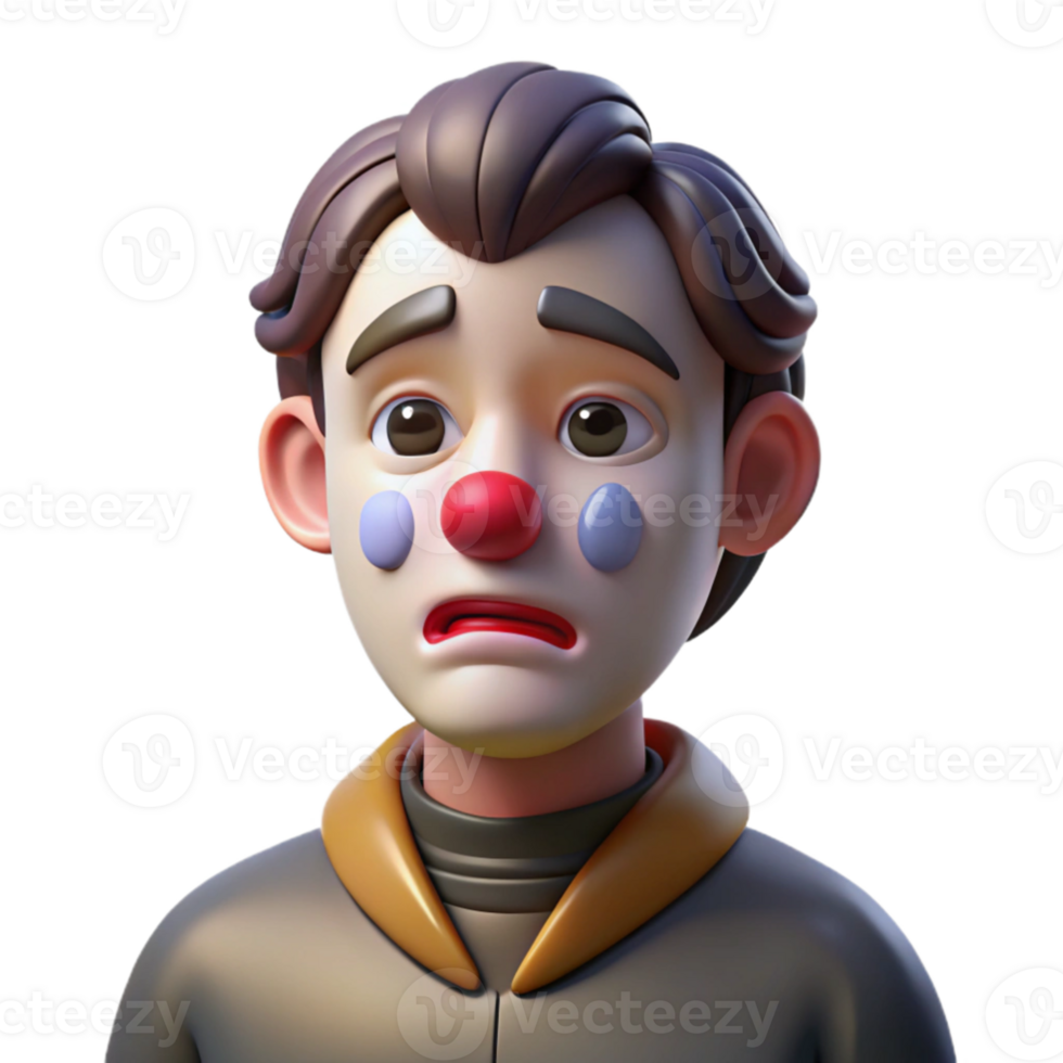 vibrant classic Portrait of a melancholic clown with smeared makeup, a single tear rolling down their cheek, and a wistful expression, lit by a dim, single spotlight original png