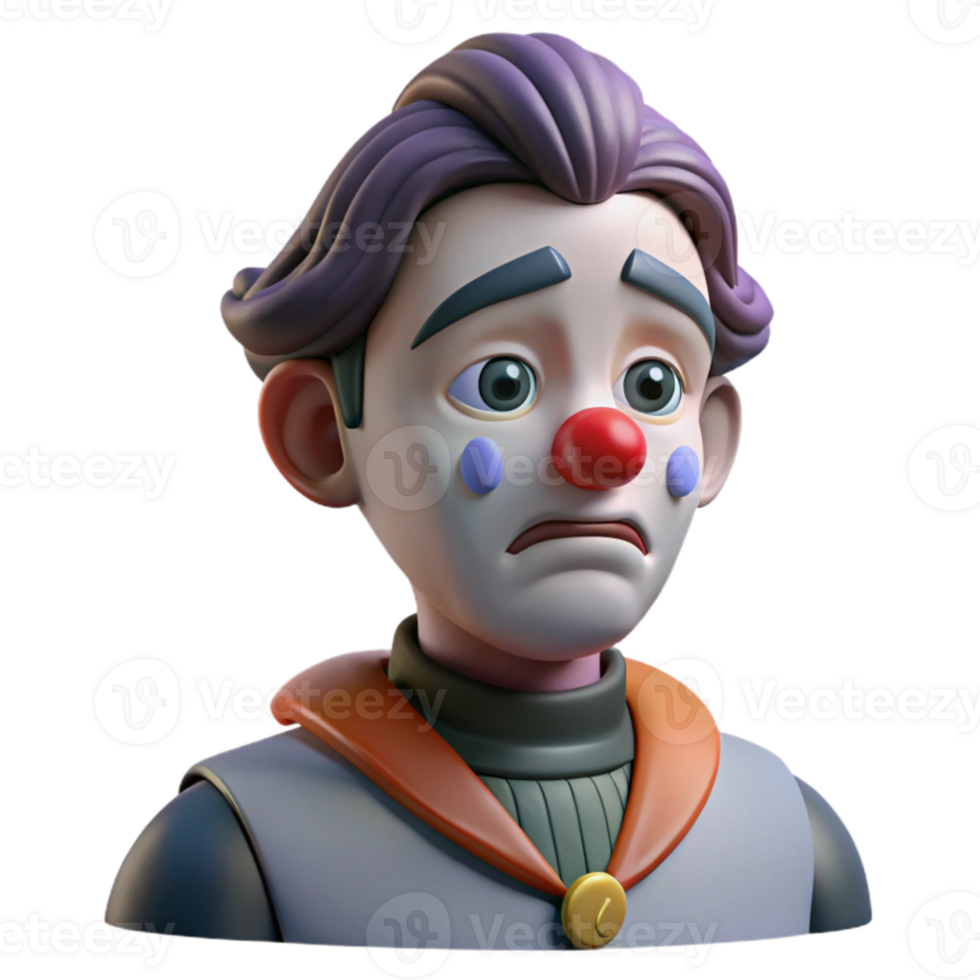 extraordinary contemporary Portrait of a melancholic clown with smeared makeup, a single tear rolling down their cheek, and a wistful expression, lit by a dim, single spotlight 4K png