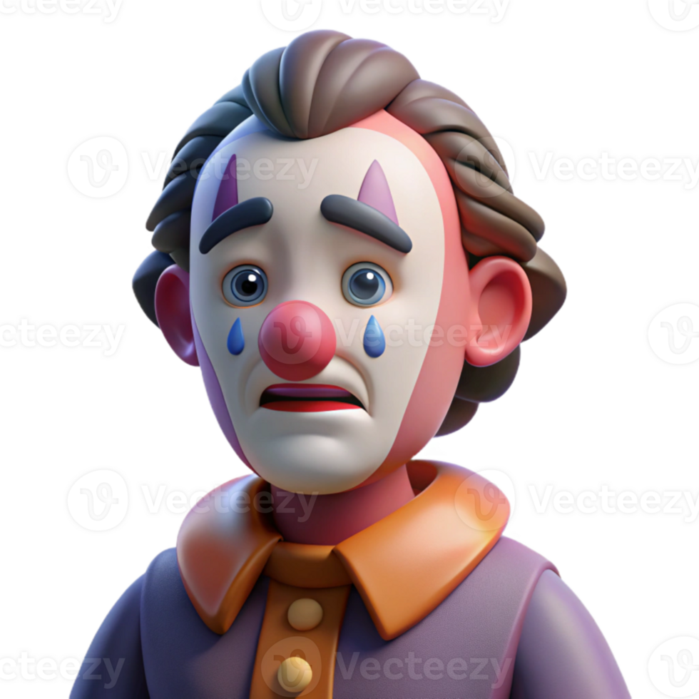 vibrant classic Portrait of a melancholic clown with smeared makeup, a single tear rolling down their cheek, and a wistful expression, lit by a dim, single spotlight high resolution png