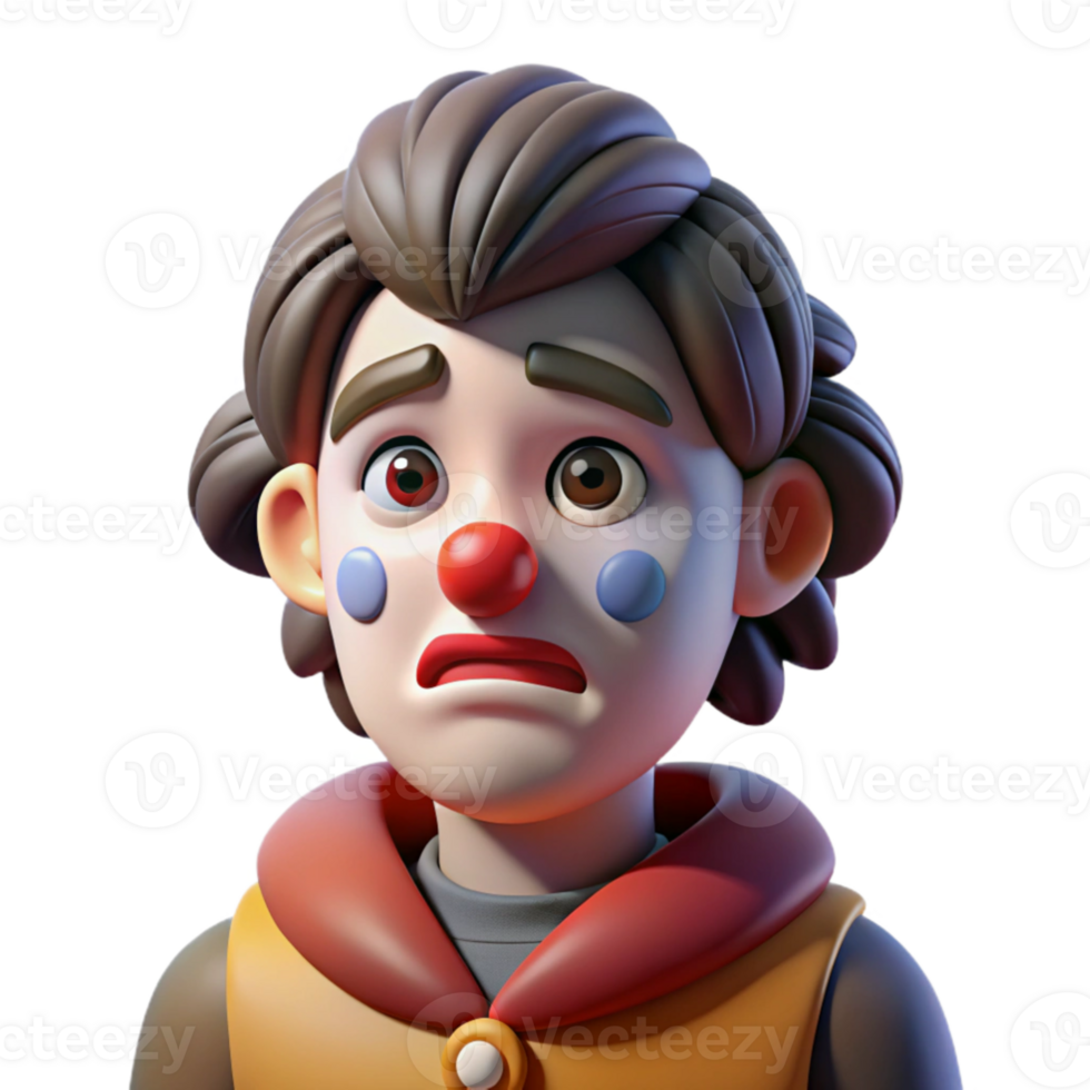 elegant artistic Portrait of a melancholic clown with smeared makeup, a single tear rolling down their cheek, and a wistful expression, lit by a dim, single spotlight high resolution png