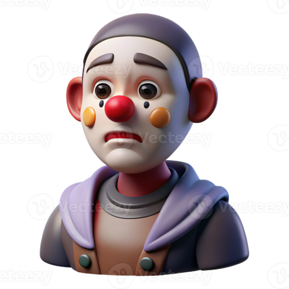 stunning creative Portrait of a melancholic clown with smeared makeup, a single tear rolling down their cheek, and a wistful expression, lit by a dim, single spotlight high quality png