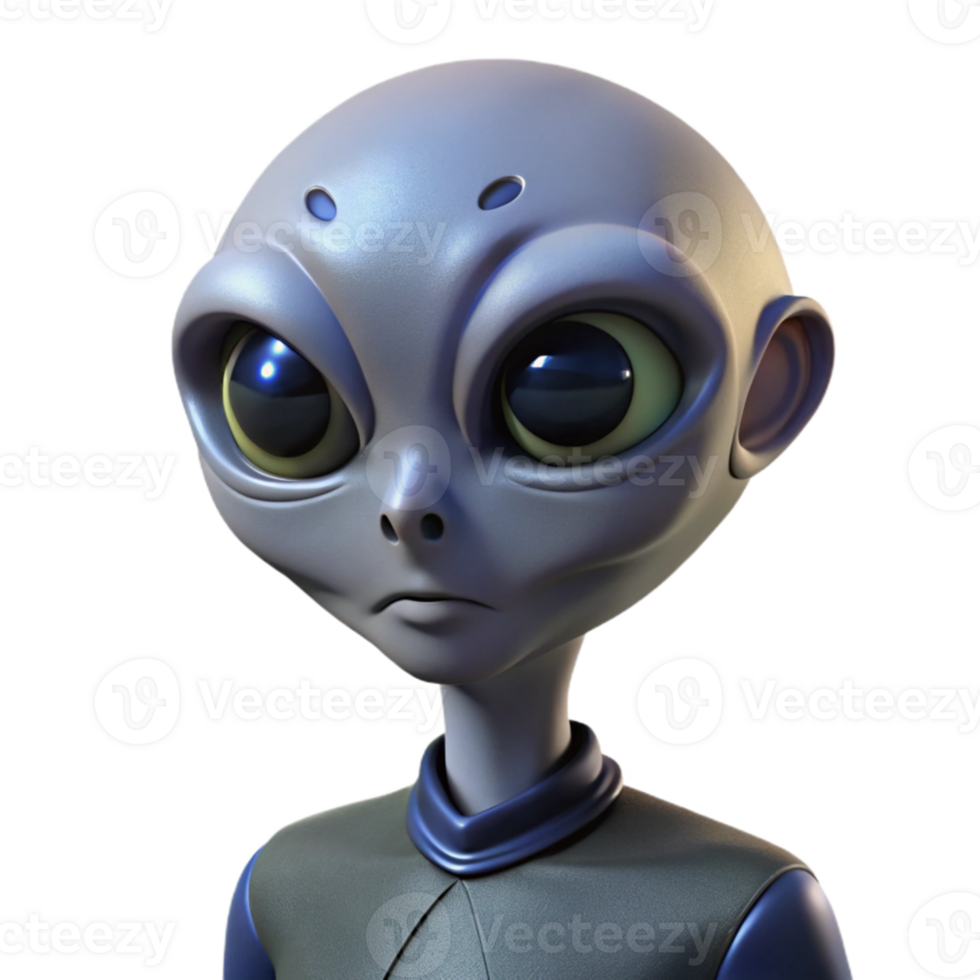 stunning abstract Portrait of a curious alien with large, black eyes, smooth grey skin, and a tilted head, lit by a cool, otherworldly light authentic png