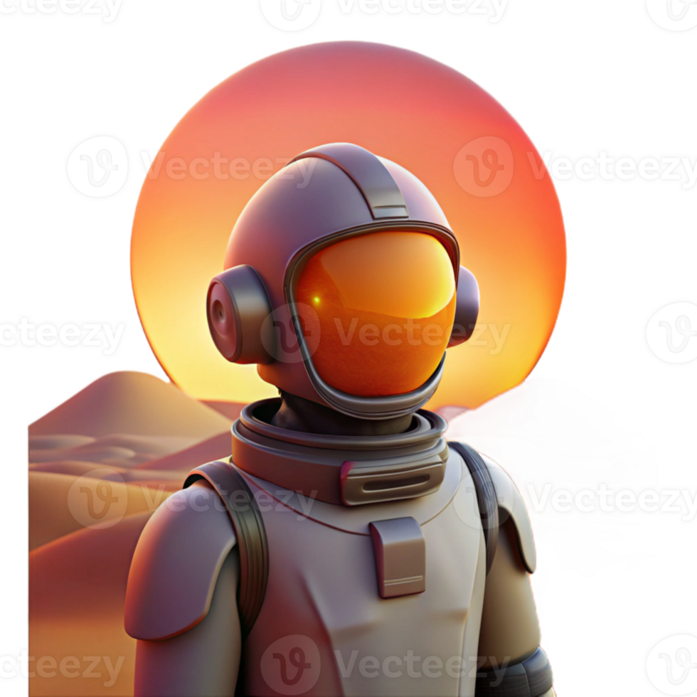 serene contemporary An astronaut in a futuristic spacesuit gazing at a binary sunset on a barren, red planet, photorealistic, warm lighting, desolate, high quality png