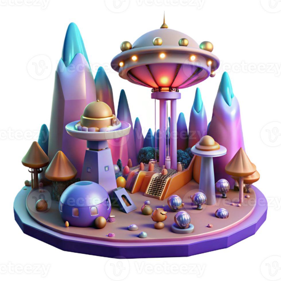 wonderful abstract A bustling spaceport filled with diverse alien species and hovering vehicles, art deco style, bright, colorful lighting, vibrant, 4K png