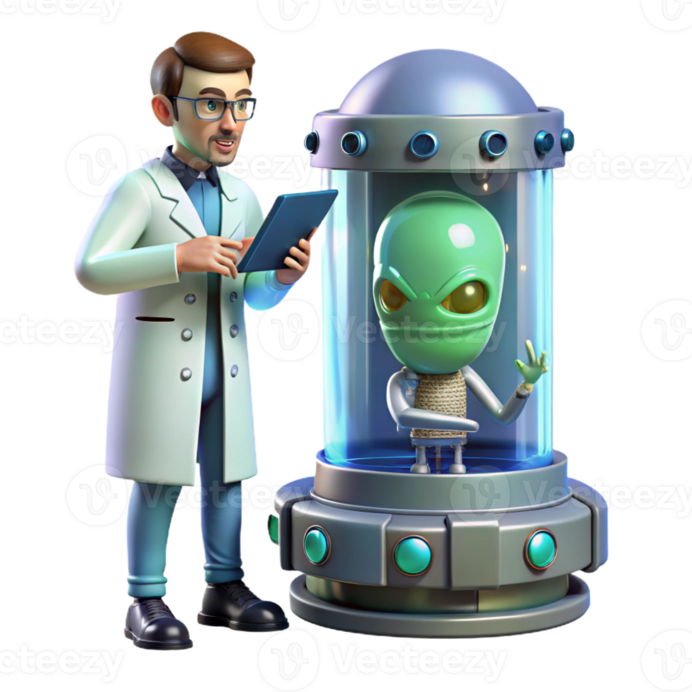impressive minimalist A scientist examining a mysterious alien artifact in a high tech laboratory, realistic style, cool lighting, sterile, exclusive png