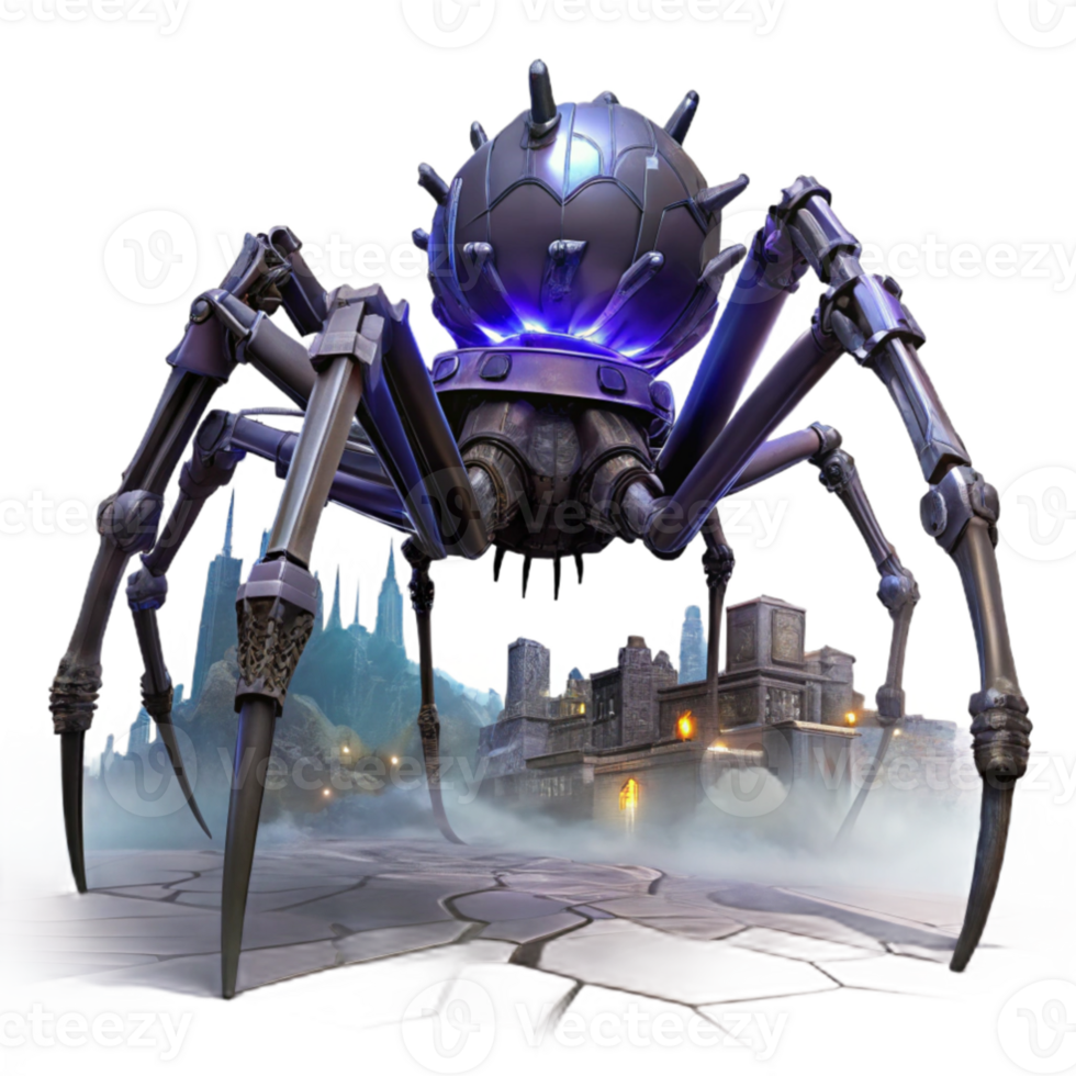 serene contemporary A giant, bio mechanical spider weaving a web of energy across a desolate cityscape, dark fantasy style, ominous lighting, eerie, high resolution png