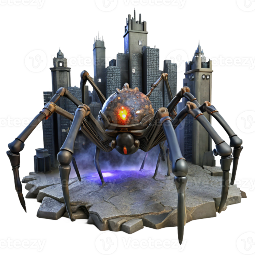 extraordinary modern A giant, bio mechanical spider weaving a web of energy across a desolate cityscape, dark fantasy style, ominous lighting, eerie, exclusive png