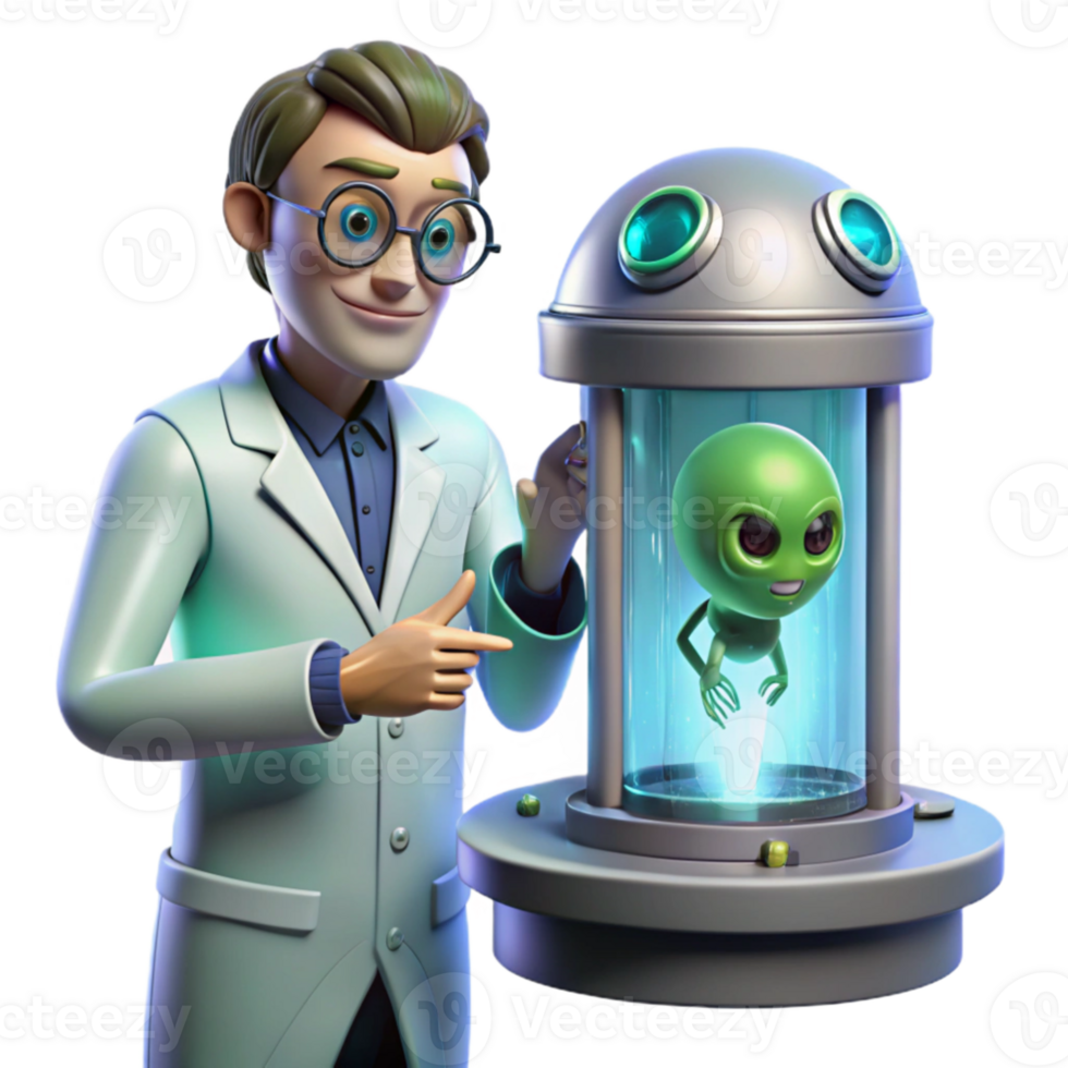 beautiful modern A scientist examining a mysterious alien artifact in a high tech laboratory, realistic style, cool lighting, sterile, high quality png