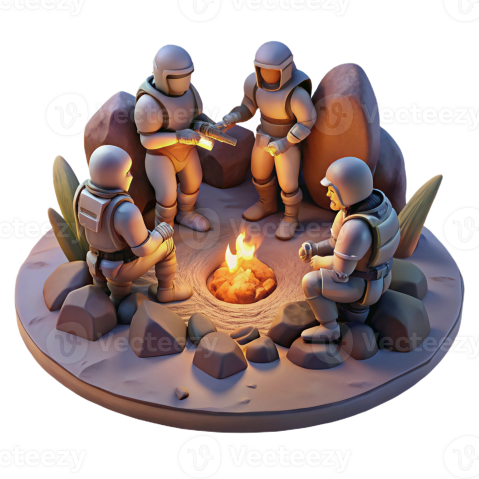 extraordinary vintage A group of rebel fighters huddled around a campfire on a desolate alien planet, gritty style, warm firelight, tense, authentic png