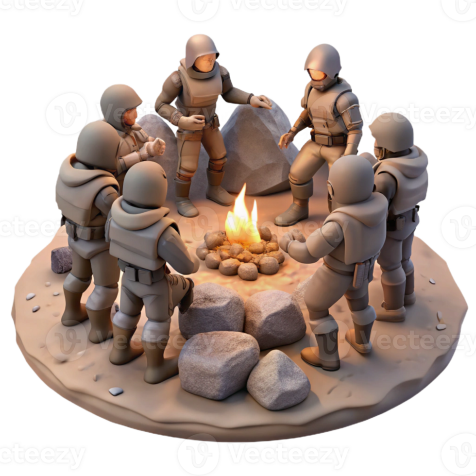stunning traditional A group of rebel fighters huddled around a campfire on a desolate alien planet, gritty style, warm firelight, tense, high quality png