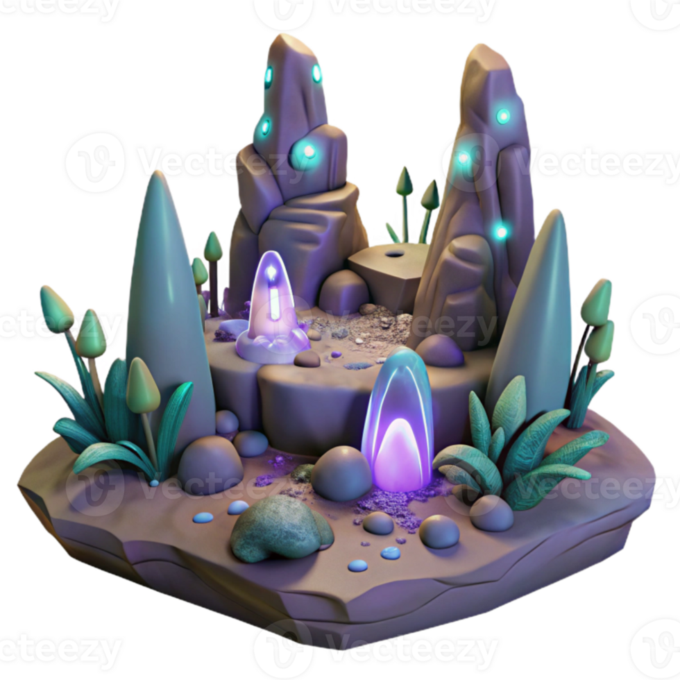 beautiful creative An alien landscape with strange rock formations and glowing plants, surreal style, otherworldly lighting, mysterious, genuine png