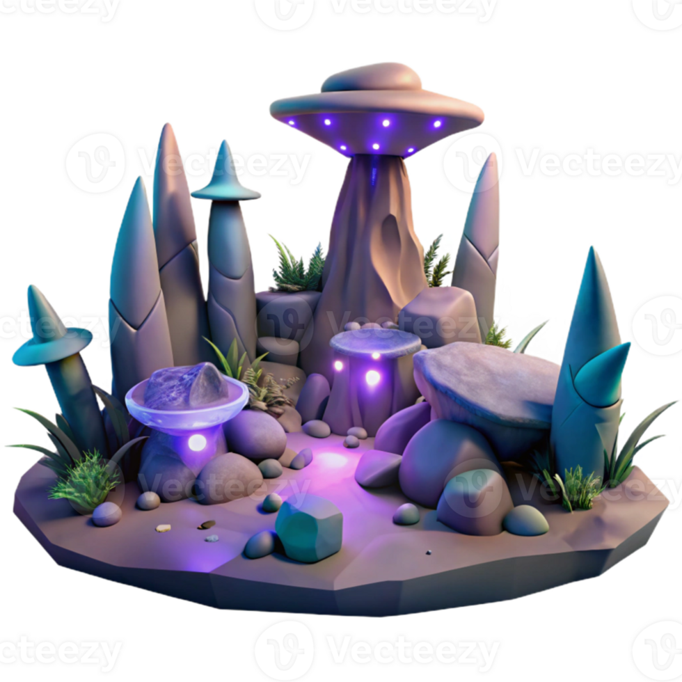 impressive minimalist An alien landscape with strange rock formations and glowing plants, surreal style, otherworldly lighting, mysterious, genuine png