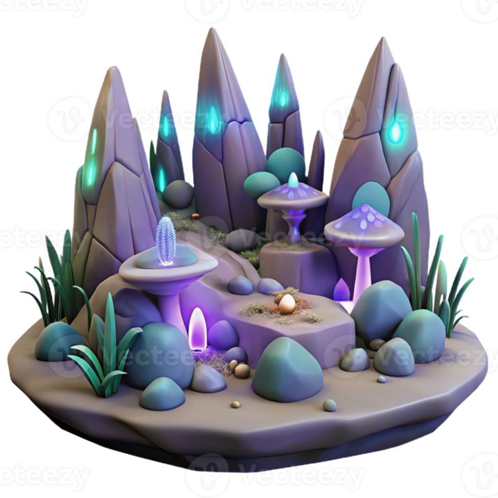 wonderful modern An alien landscape with strange rock formations and glowing plants, surreal style, otherworldly lighting, mysterious, detailed png