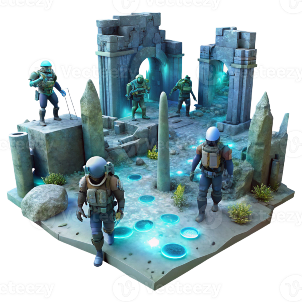 elegant traditional A group of explorers in futuristic diving suits, exploring the ruins of an underwater city, illuminated by the bioluminescent creatures of the deep.... png